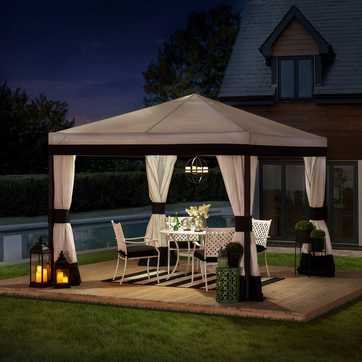 Black and White Steel Gazebo with Mosquito Netting R261540