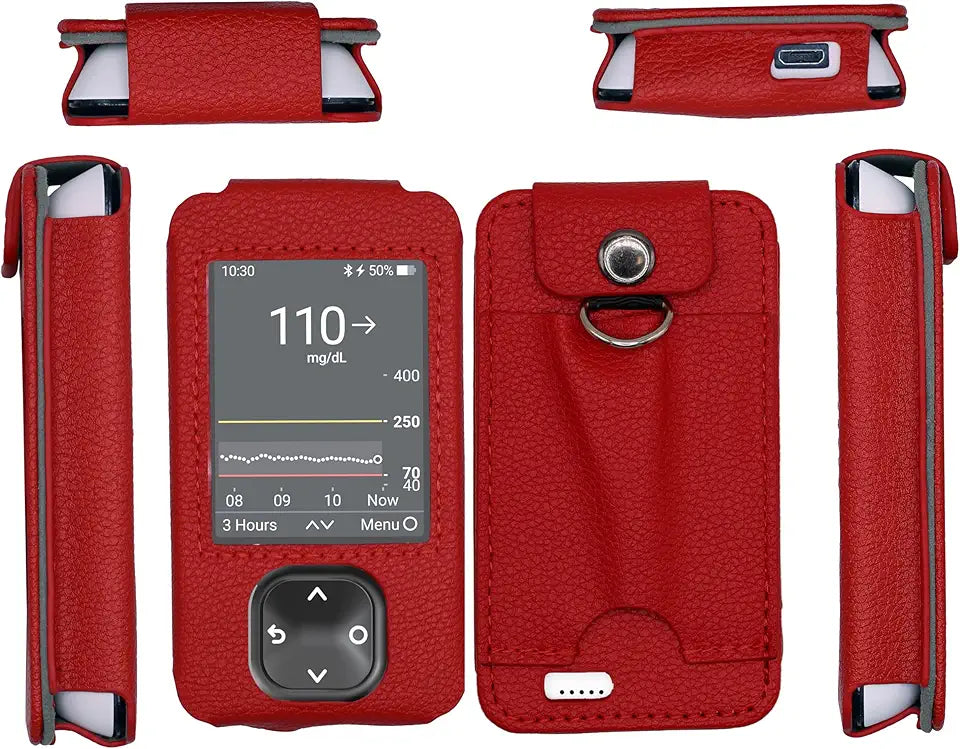 Fitted Leather Case with Screen Protector & Pocket for Dexcom G7 / G6 Receiver Red O379