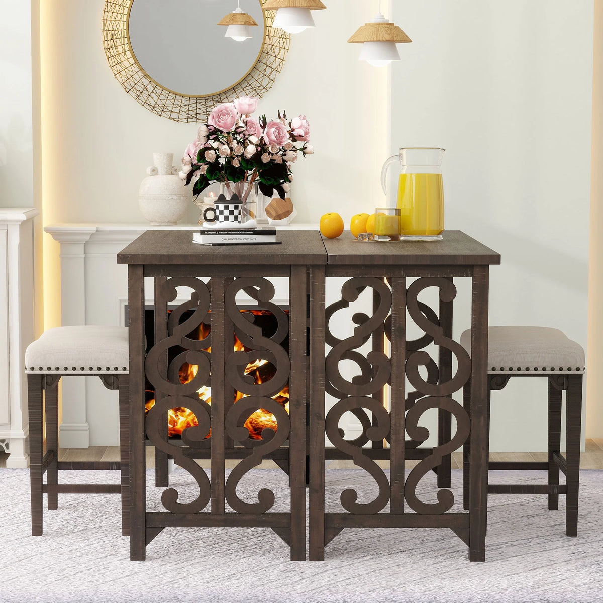 3-Piece Solid Wood Counter Height Dining Set with 2 Saddle Stools E4841