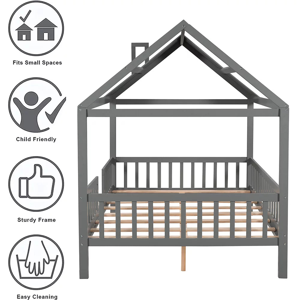 Full Size Wood Bed Frame with Roof and Fence E7241