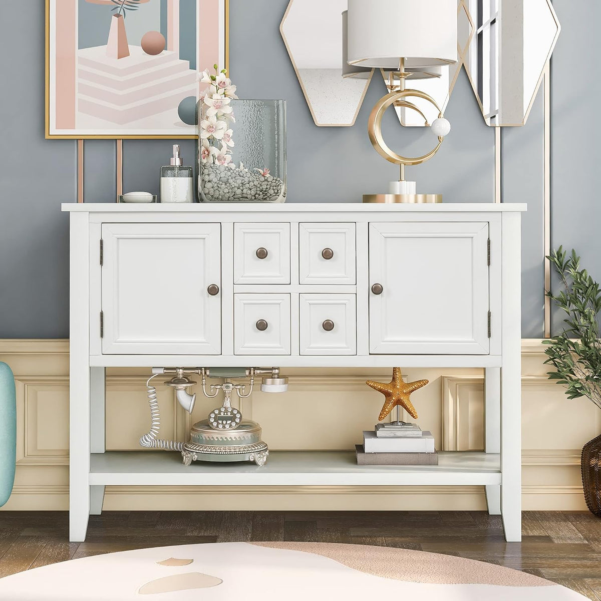 Solid Wood Console Table with 3 Drawers, 2 Cabinet and 1 Shelf N9166