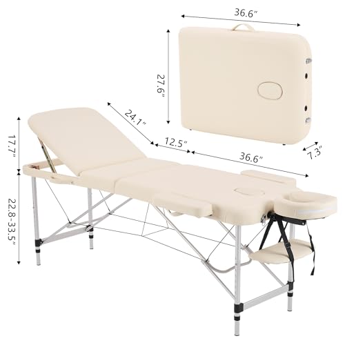 Portable Aluminum Alloy 3 Folding Massage Table with Backrest White Z983191