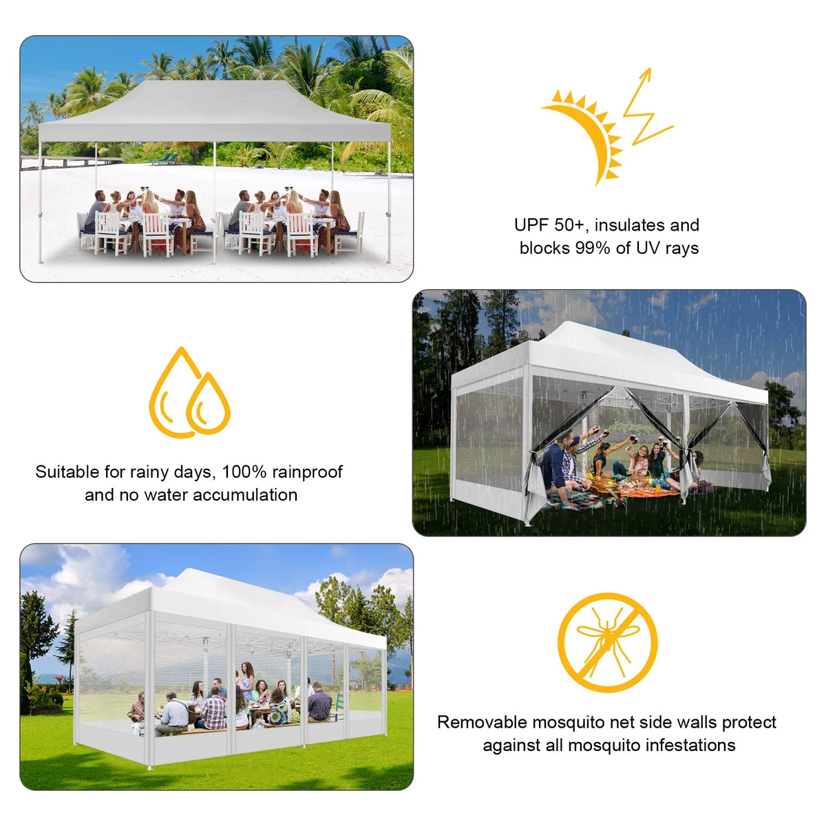 White 10' x 20' Pop up Canopy Tent with 6 Mosquito Side Walls & Carry Bag I7162