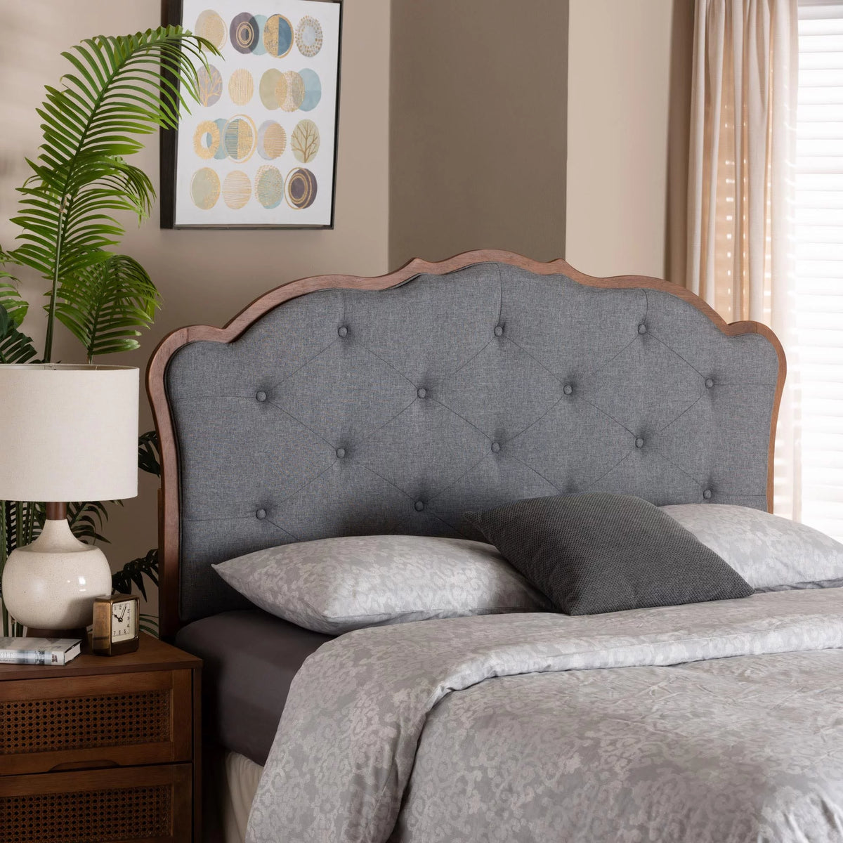 Grey Fabric and Walnut Brown Wood King Size Headboard I421459