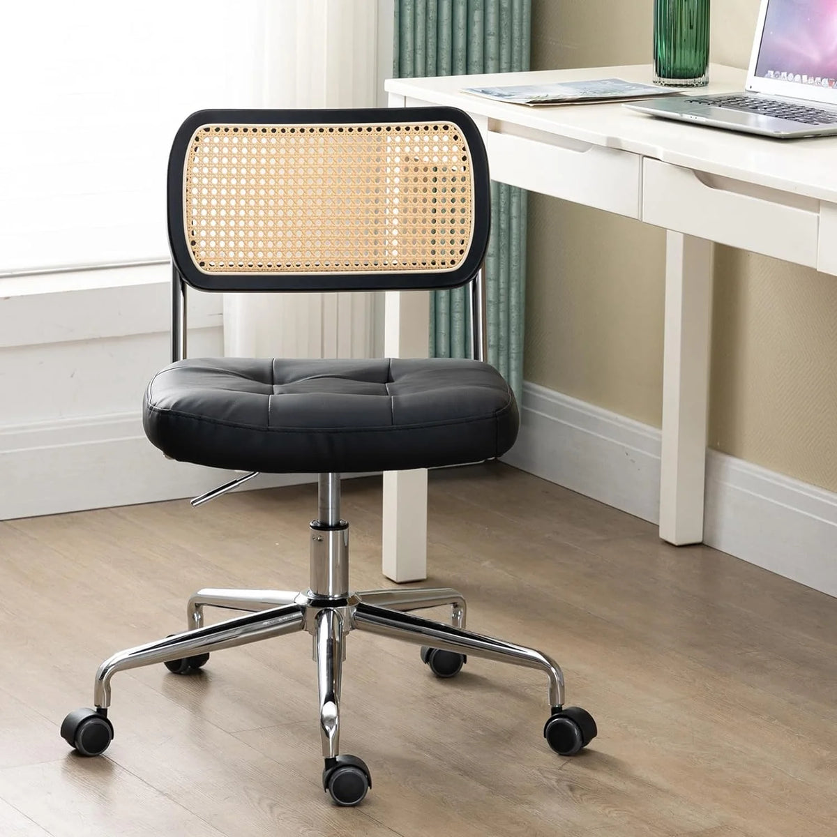 Black Leather Rattan Back Adjustable Swivel Office Chair W836