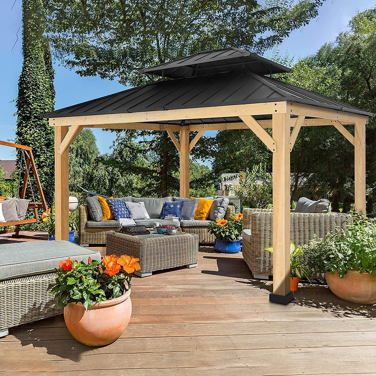 Cedar Wood Frame Gazebo with Metal Roof D7861