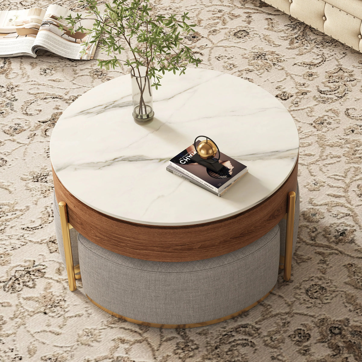 Lift Top Nesting Coffee Table with Storage and 3 Stools L607