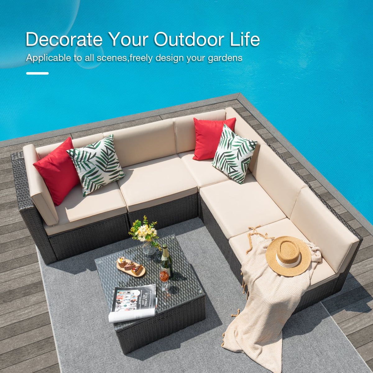 6 Pieces Wicker PE Rattan Sectional Sofa with Cushions I45822