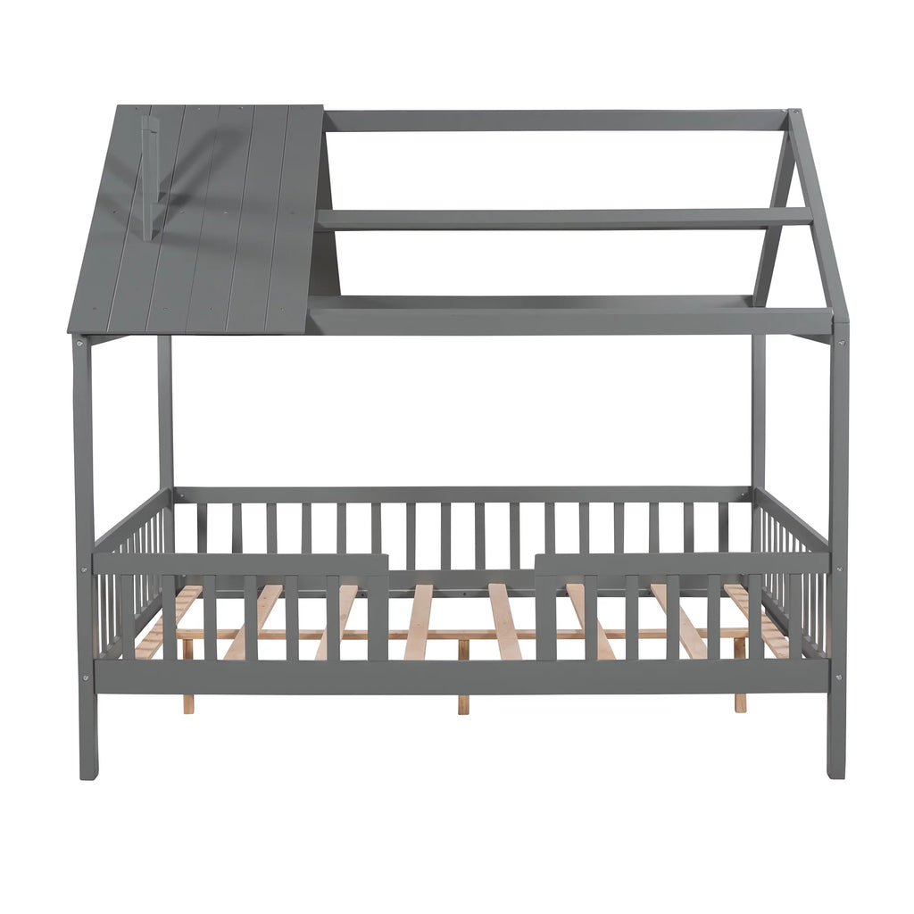 Full Size Wood Bed Frame with Roof and Fence E7241