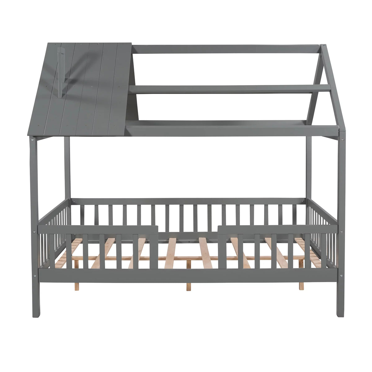 Full Size Wood Bed Frame with Roof and Fence E7241