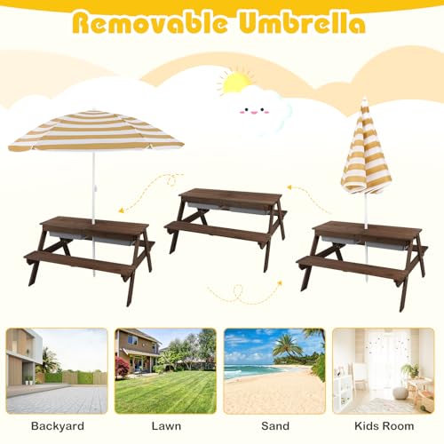 Kids Wooden Picnic Table and Chair Set with Umbrella R7530