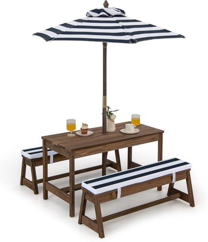 Kids Wooden Picnic Table and Chair Set with Umbrella R7530