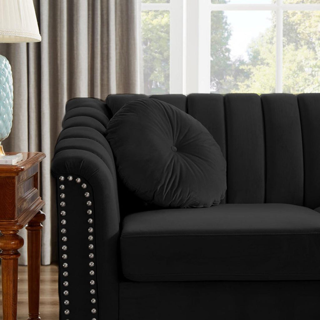 Black Velvet Loveseat Sofa with Pillows and Nailhead Trim Armrest V552718