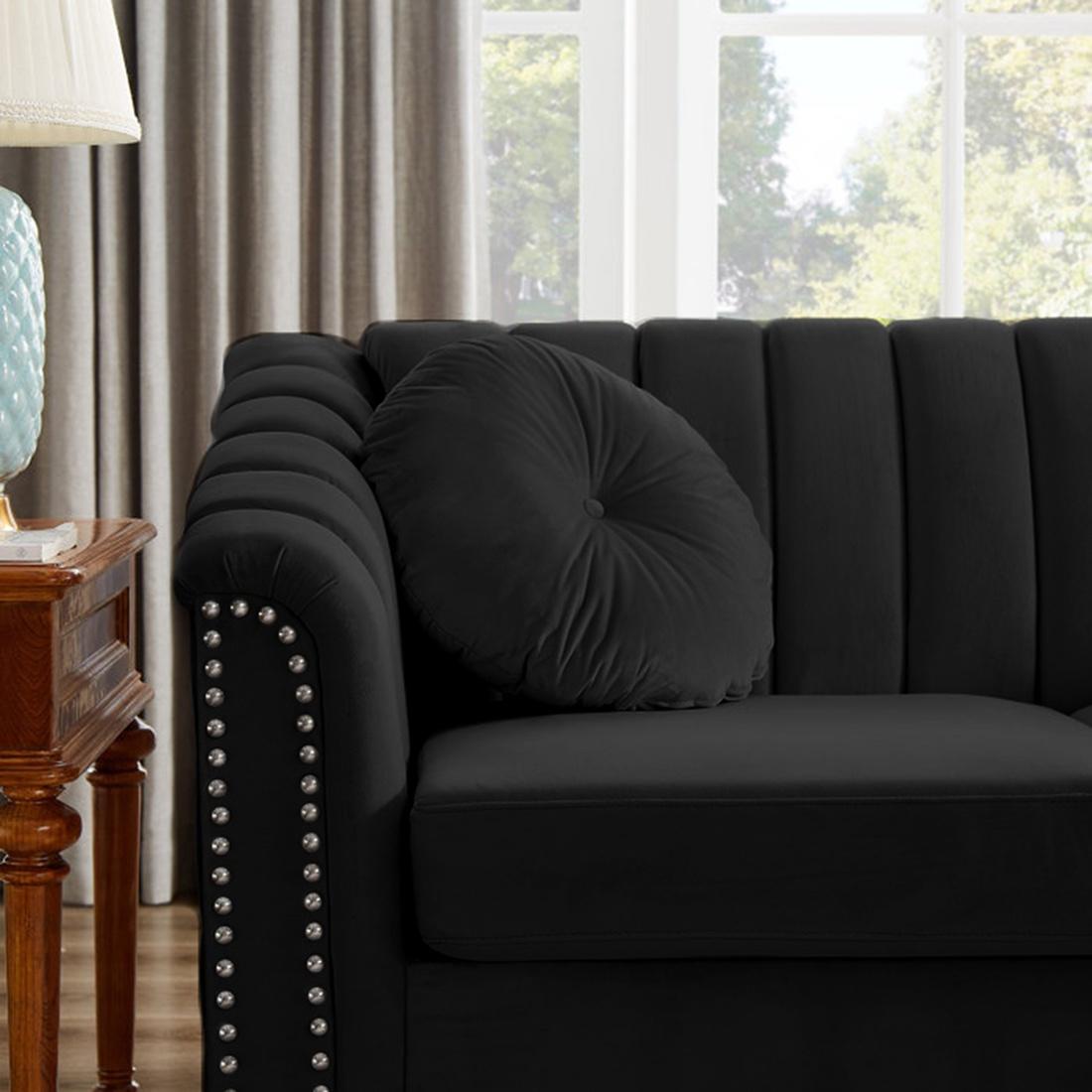 Black Velvet Loveseat Sofa with Pillows and Nailhead Trim Armrest V552718