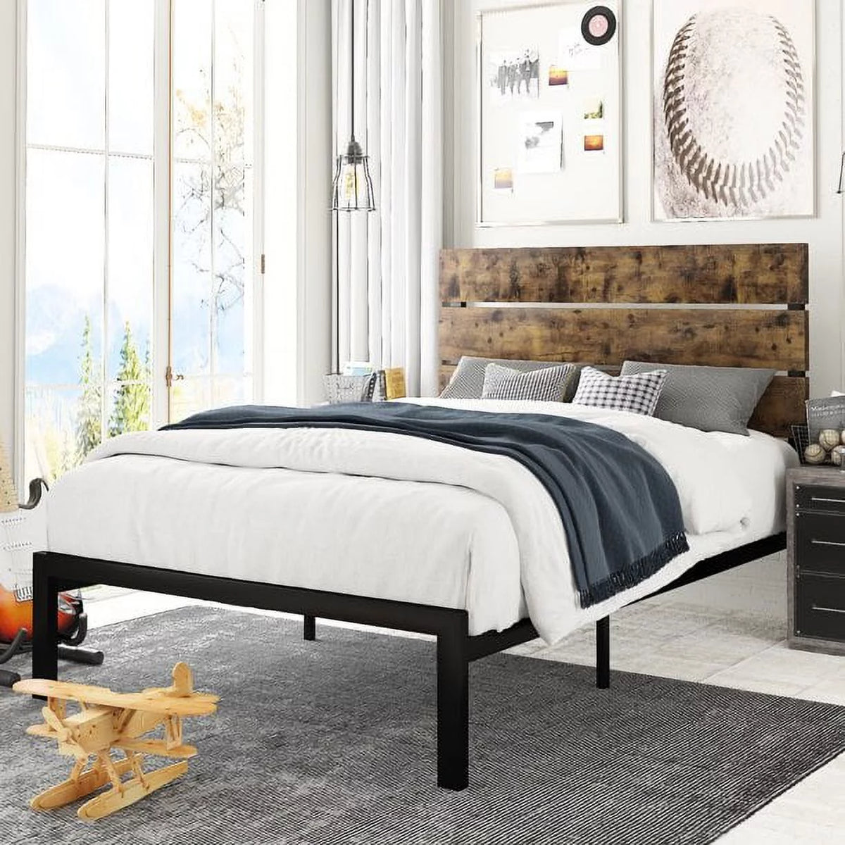 Twin Size Platform Bed Frame with Wood Headboard and Metal Slats F99101