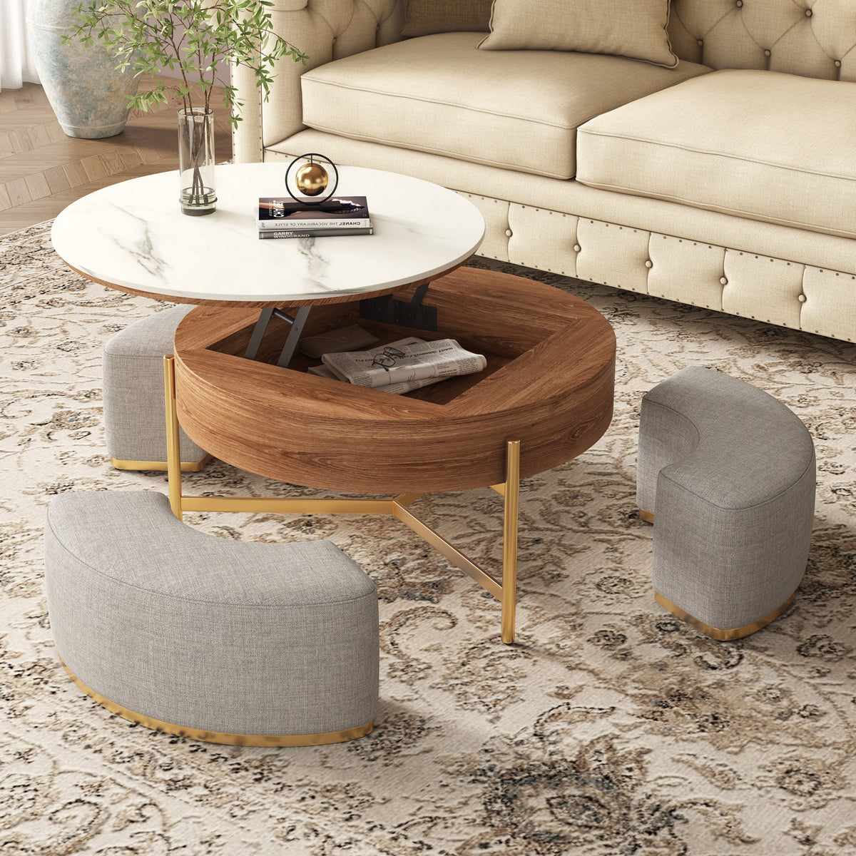 Lift Top Nesting Coffee Table with Storage and 3 Stools L607