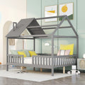 Full Size Wood Bed Frame with Roof and Fence E7241