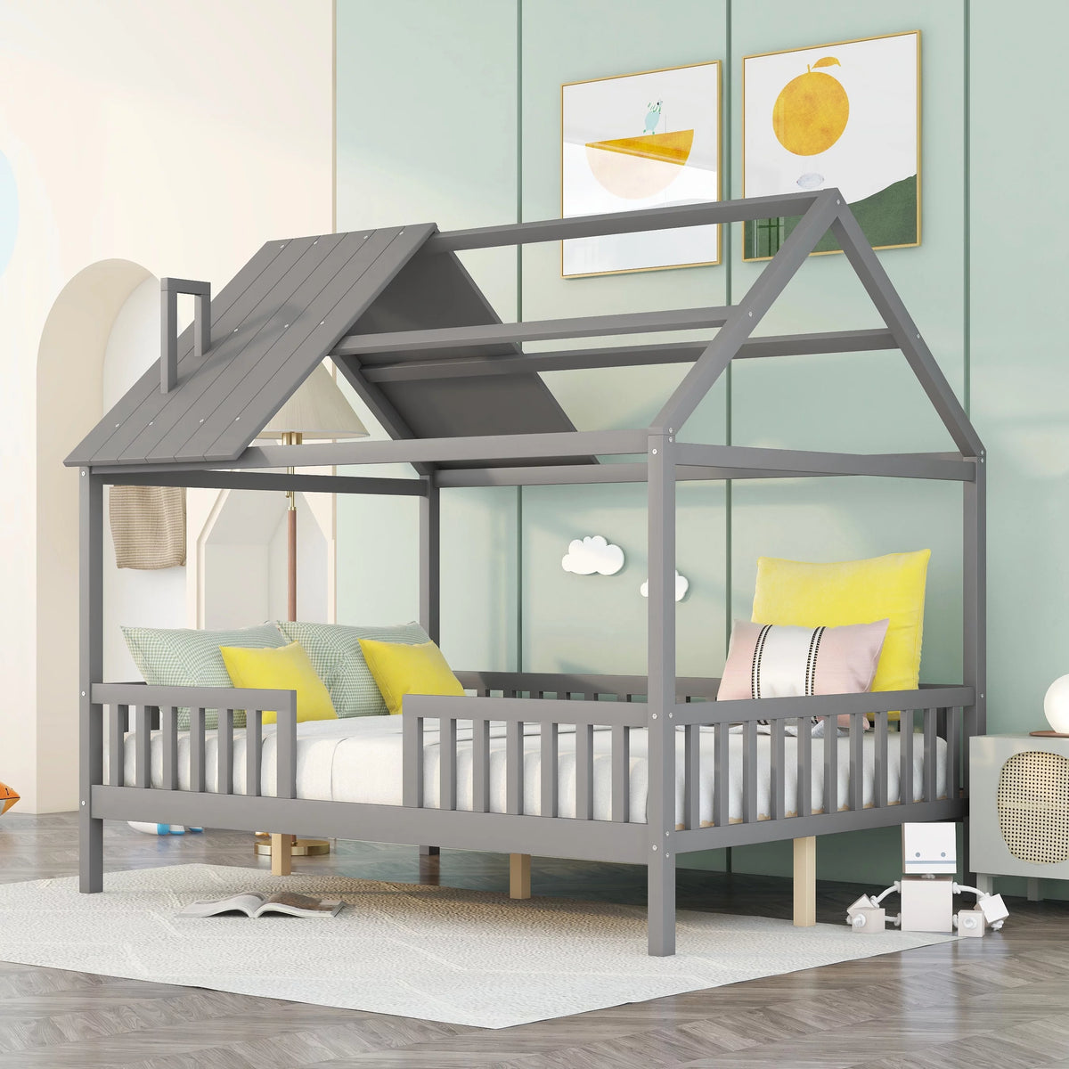 Full Size Wood Bed Frame with Roof and Fence E7241