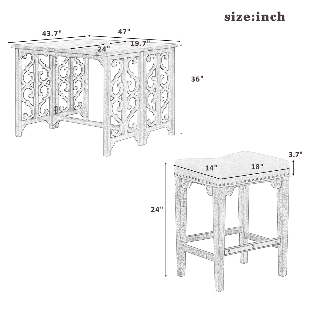3-Piece Solid Wood Counter Height Dining Set with 2 Saddle Stools E4841